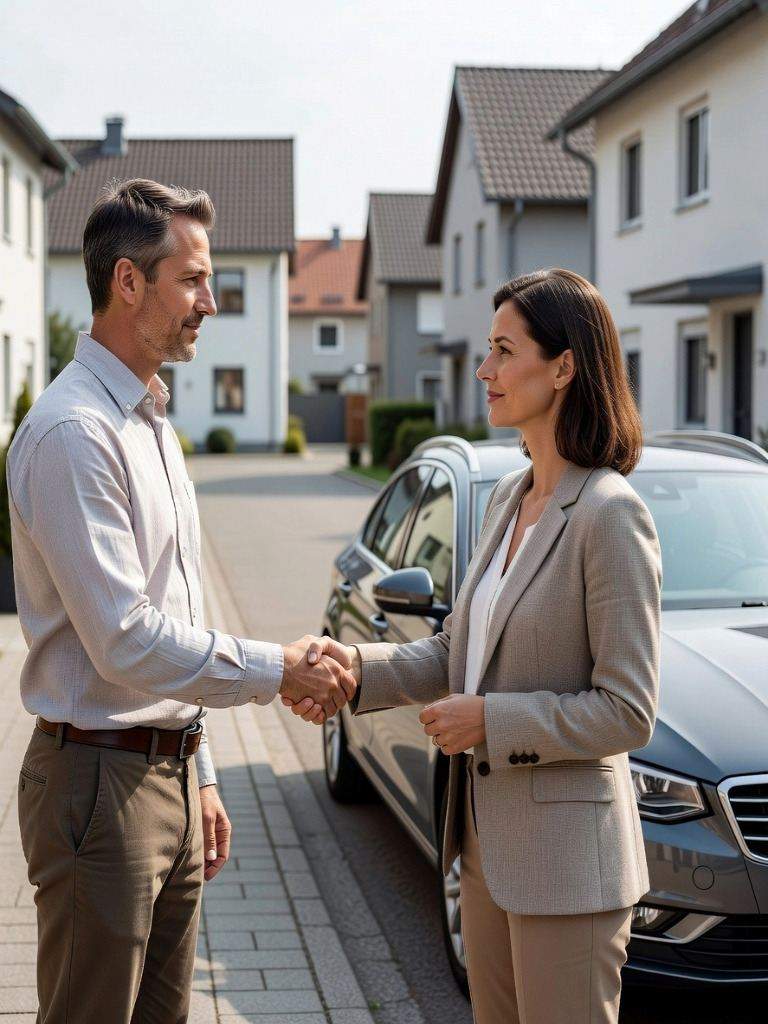 seriöser und geprüfter Autoankäufer mitten beim Vertragsabschluss in einer Wohngegend in Reichshof